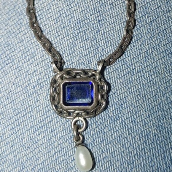 Antique Sterling Silver Pendant Necklace Blue Sapphire Center Pearl Drop Chain
